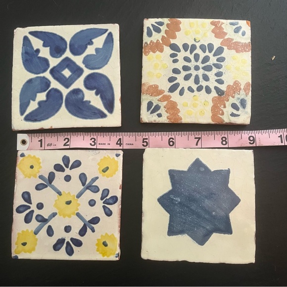 Mexican Hand Painted Terra-Cotta Talavera Vintage Tiles Set of 4 - Picture 3 of 11